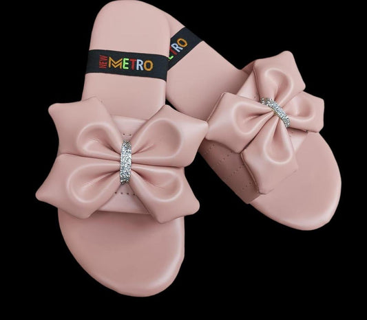 Women’s Pink Slide Flats with Satin Bow Detail