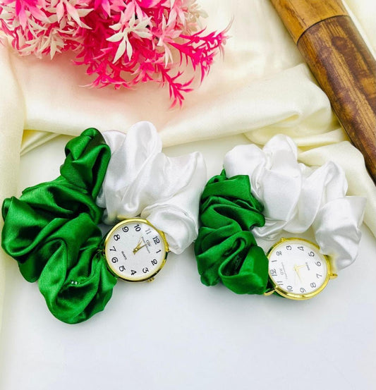 Silk Scrunchie Bracelet Watch – Green & White Edition