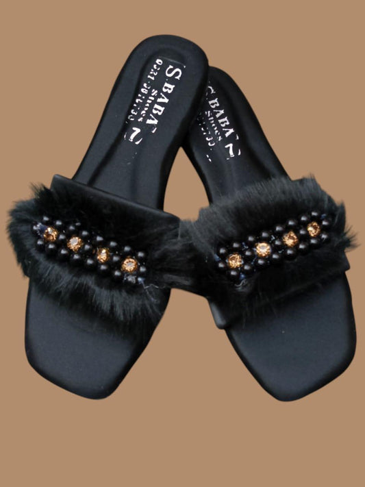 Elegant Black Fur Flats with Beaded Embellishments by SBABA Shoes