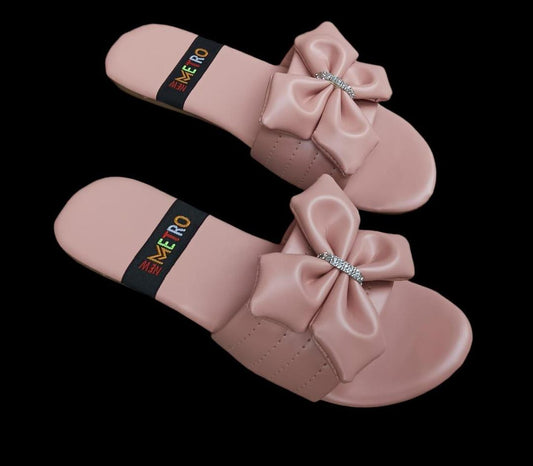 Women’s Pink Slide Flats with Satin Bow Detail