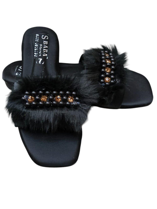 Elegant Black Fur Flats with Beaded Embellishments by SBABA Shoes